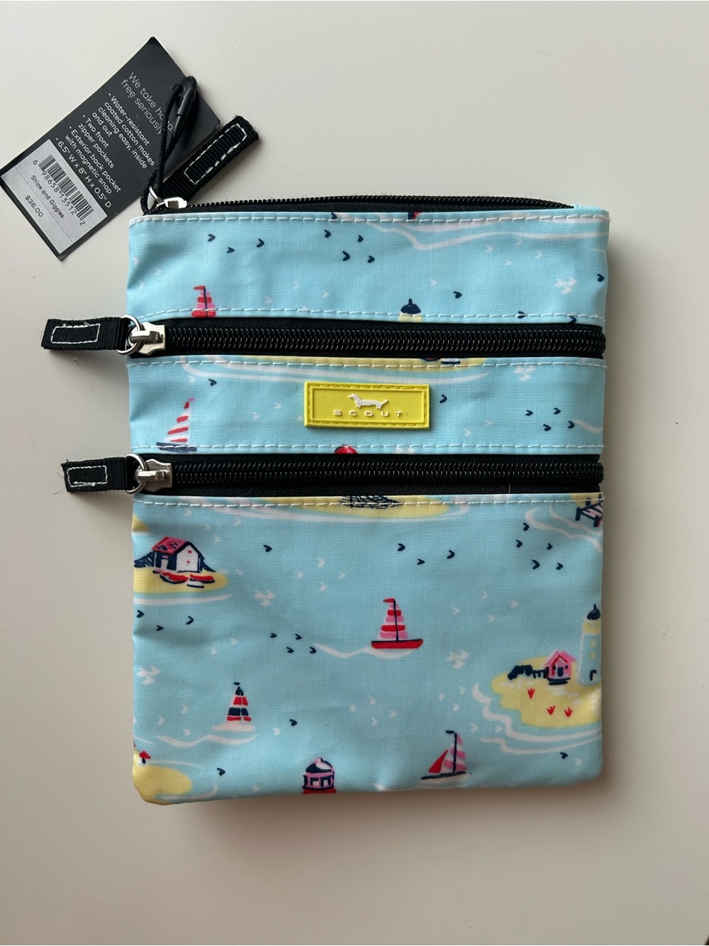 Scout Light Blue Nautical Triple-Zip Crossbody Pouch with Yellow Logo Patch